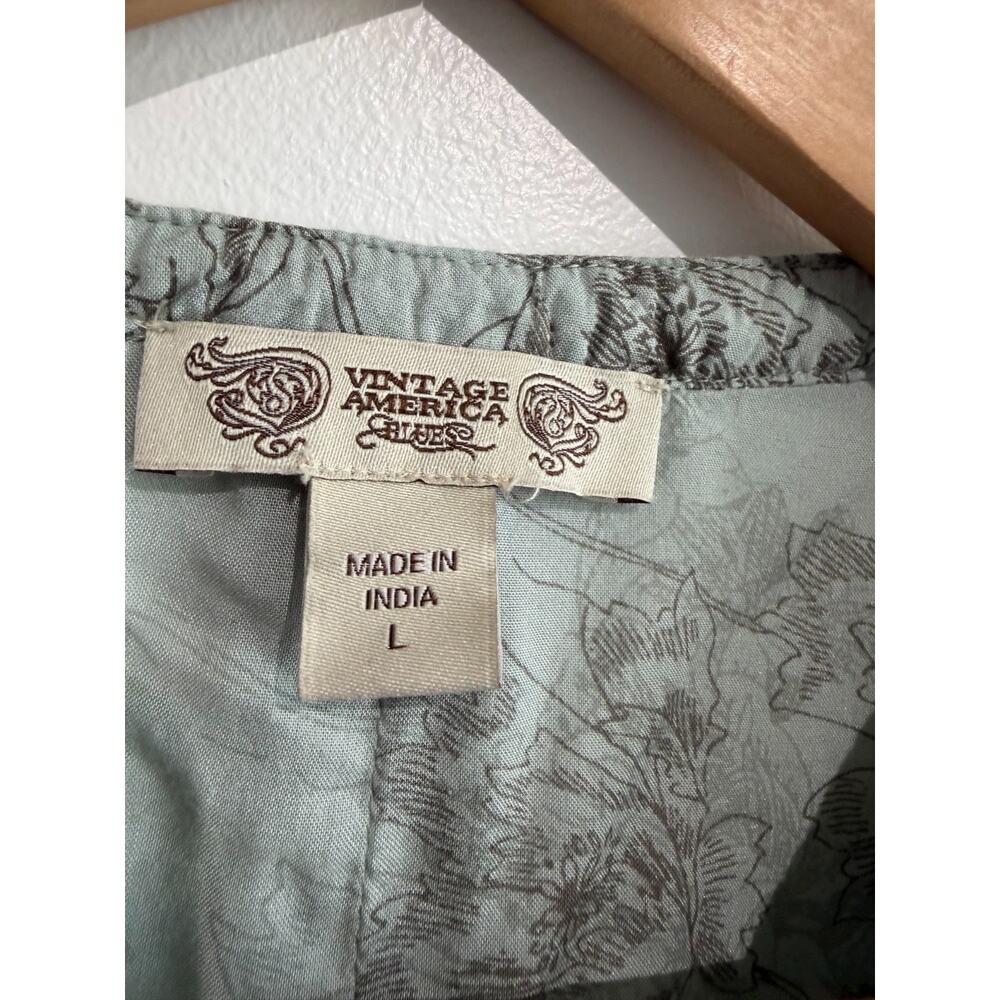 Vintage America Boho Peasant Tunic Top sage Floral Crochet Trim Cottagecore L - Picture 5 of 10
